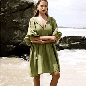 Daughters of India Olive Green Mini Dress with Puff Sleeves